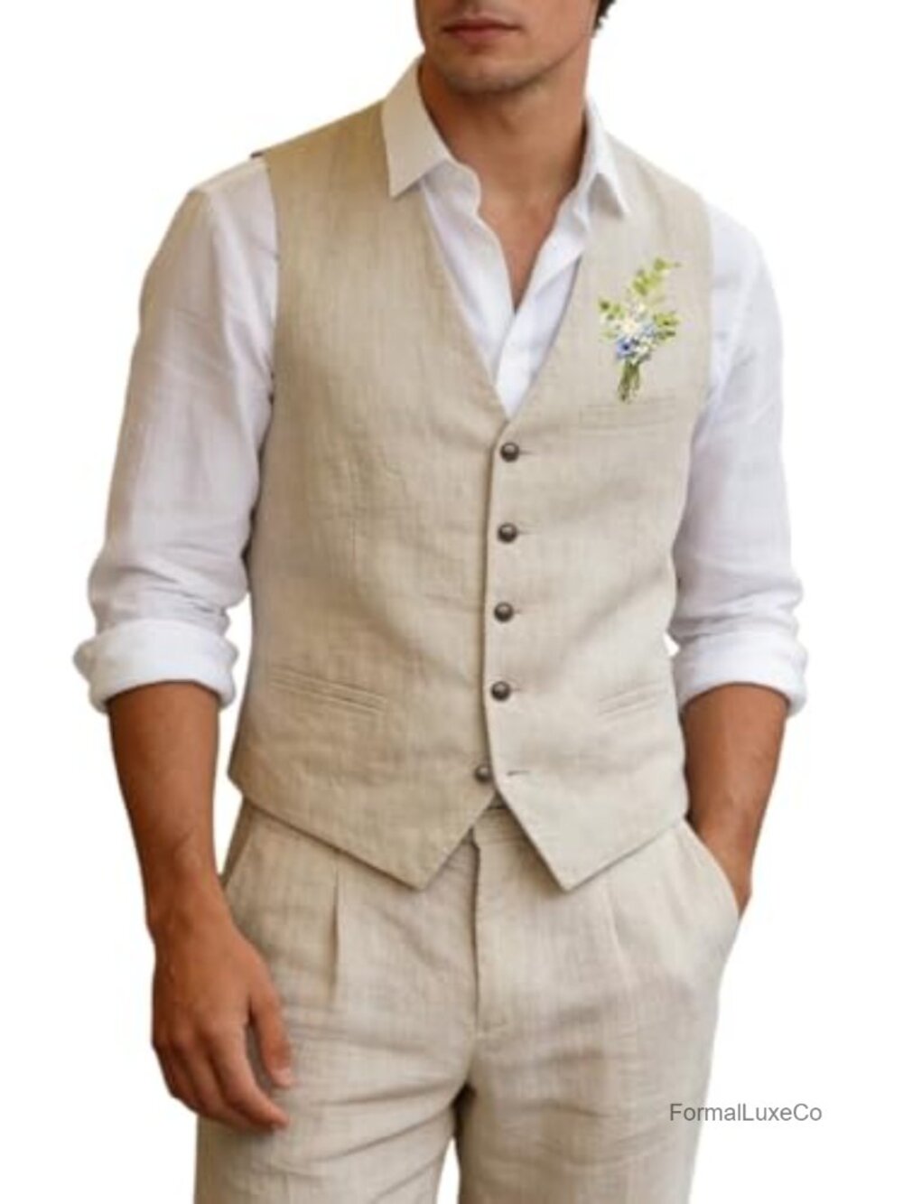 Men's Linen 2 Piece Vest & Pants Suit Set Slim Fit Wedding Groomsmen Outfit